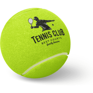 A bright green tennis ball featuring a logo and the text "Tennis Club Best Courts Family Leisure."