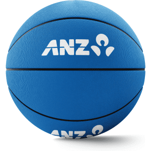 A blue promotional basketball featuring a logo, with a textured surface and black stripes.