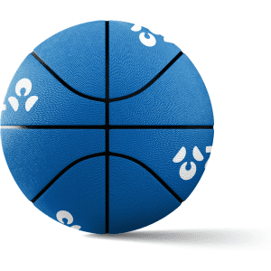 A blue promotional basketball with black lines and a logo. The surface has a textured design for grip.