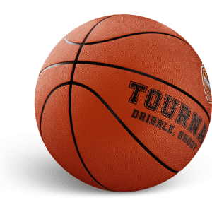 An orange basketball with black seams and a logo, featuring a textured surface for grip.