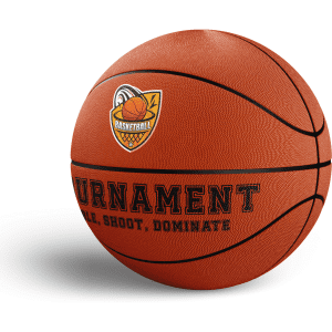 A promotional basketball in orange with a textured surface and a logo. Features black text along the bottom.