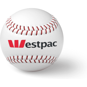 A white baseball with red stitching and a logo on one side.