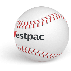 A white baseball with red stitching and a logo.