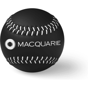 A black baseball with white stitching and a logo on one side.