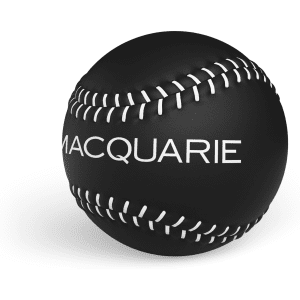A black baseball with white stitching and a logo on its surface.