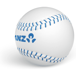A white baseball with blue stitching and a logo on one side.