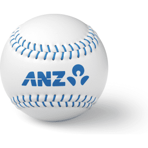 A white baseball with blue stitching and a logo. The ball is positioned against a plain background.