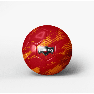 A soccer ball with a red and orange patterned design featuring a logo on it.