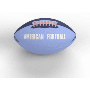 A blue American football with a white logo and stitching, featuring a traditional oval shape.