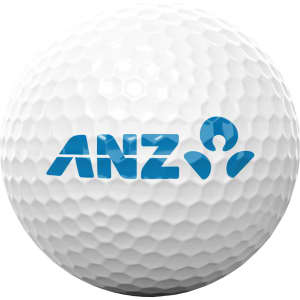 A white golf ball featuring a blue logo. The ball has a dimpled surface typical of golf balls.
