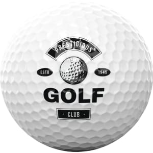A white golf ball featuring a logo and text related to golf. The surface is dimpled with a smooth finish.