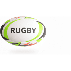 A rugby ball in white, green, and black, featuring a logo and vibrant coloured detailing.