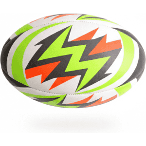 A rugby ball in white, green, orange, and black with a zigzag pattern and a logo.