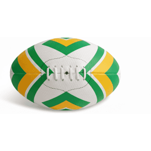 AFL ball featuring a white base with green and yellow chevron patterns and a textured surface. Includes a logo.
