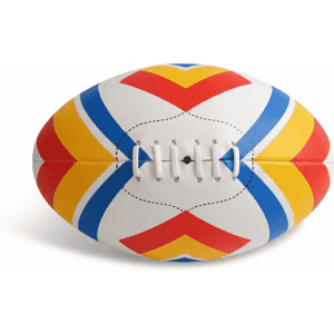 A colourful AFL ball featuring red, yellow, blue, and white patterns with visible stitching.