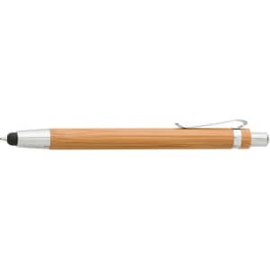 A bamboo ball pen with a silver clip and touch point, showcasing a natural wood finish.