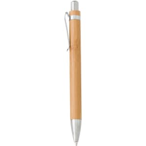 A bamboo ball pen with silver accents, featuring a sleek design and a clip for easy attachment.