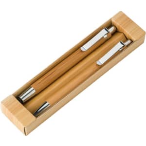 A bamboo writing set featuring a ball pen, touch pen, and mechanical pencil, presented in a wooden box with silver accents.