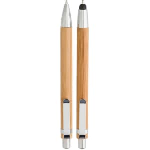 A promotional KOBY Bamboo Writing Set featuring a ball pen and touch pen, both with bamboo and silver detailing.