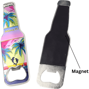 A drink bottle opener shaped like a bottle, featuring a colourful tropical design and a magnet on the back.
