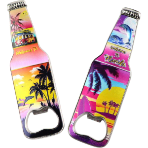 A drink bottle opener in a bottle shape featuring a colourful sunset design with palm trees and dolphins, adorned with a logo.