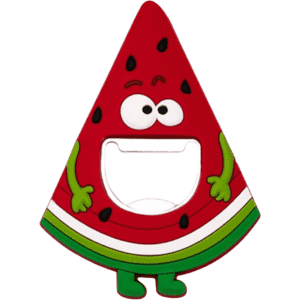 A drink bottle opener in the shape of a watermelon, featuring bright red, green, and white colours with a smiling character.