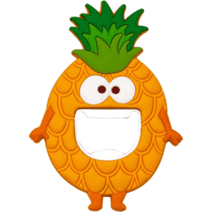 A drink bottle opener in the shape of a cheerful pineapple, featuring orange and green colours, with a friendly face and arms.