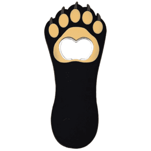 A drink bottle opener shaped like a bear paw, featuring black and tan colours with a metallic opening mechanism.