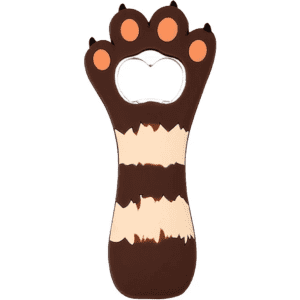 A drink bottle opener shaped like a paw, featuring brown and cream stripes with orange accents. Includes a logo.
