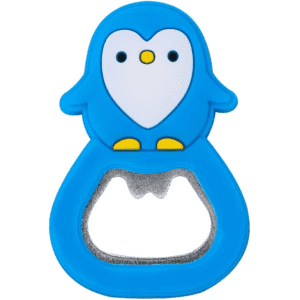 A drink bottle opener shaped like a blue penguin, featuring a white belly and a silver bottle opening edge.