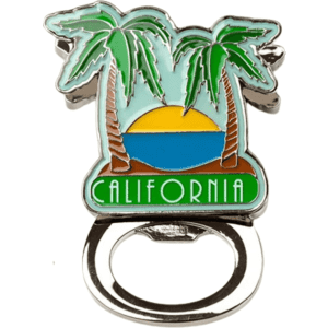 A drink bottle opener shaped like a palm tree scene with blue, green, and yellow colours. The design includes a logo.
