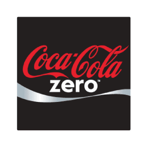 A black square coaster featuring a logo with red and silver colours. It has a branded design.
