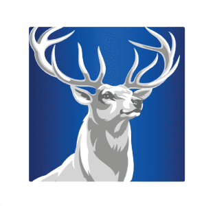 A white stag with impressive antlers against a blue background, featuring a logo.