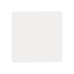 A square, white cardboard coaster, featuring a smooth surface with subtle texture and a branding logo.