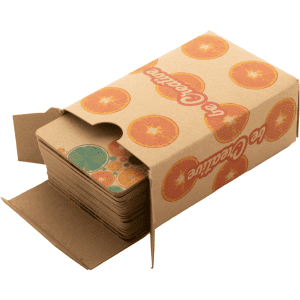 A deck of custom playing cards in a cardboard box featuring a fruit design, predominantly orange and green.