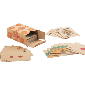 Eco-friendly custom playing cards in a cardboard box with a vibrant design, featuring various card suits and illustrations.