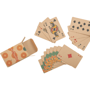 Eco-friendly playing cards in a tan cardboard box, featuring colourful designs on the cards.