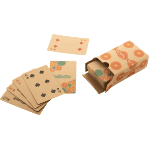 Custom playing cards in a cardboard box, featuring a mix of red and black suits, with a colourful design on the packaging.