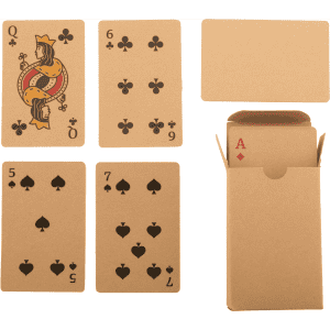 Custom playing cards in a natural colour, featuring spade and club designs, with a cardboard box for storage.
