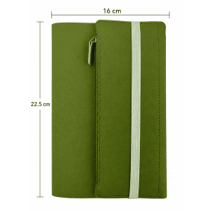 A green executive soft-touch PU leather notebook with a zippered pocket and an elastic band. Dimensions: 16 cm x 22.5 cm.