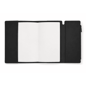 A black executive soft-touch PU leather notebook featuring a blank interior and a pocket for storing items.