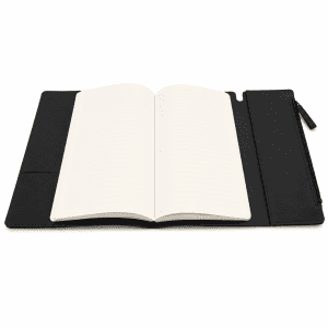 A black soft-touch PU leather notebook featuring an empty lined interior and a zippered pocket on the side.