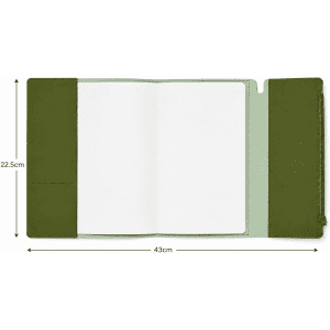 An olive green soft-touch PU leather notebook with an elastic closure, two inner pockets, and a zippered compartment.