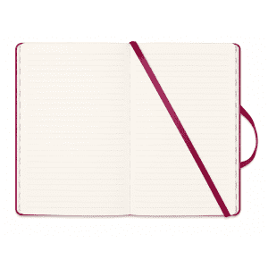 A textured red PU hard cover notebook with lined pages and a ribbon bookmark. It features a matching strap and branding.