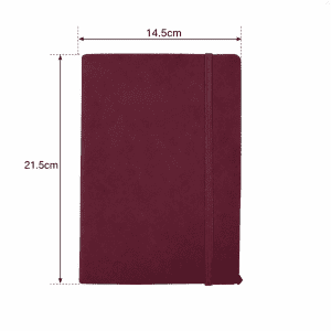 A burgundy textured PU hard cover notebook with elastic closure and dimensions of 14.5cm by 21.5cm.