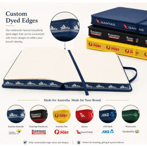 A hard cover notebook with textured blue PU, featuring custom dyed edges and a ribbon bookmark. Includes a logo.
