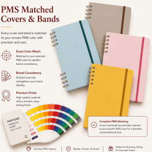 A set of four hardcover notebooks in various colours with matching bands, showcasing a Pantone colour guide.