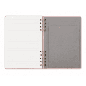 A Twin-Spiral PU hardcover notebook featuring lined pages and a grey pocket on the inside cover, with a soft pink exterior.
