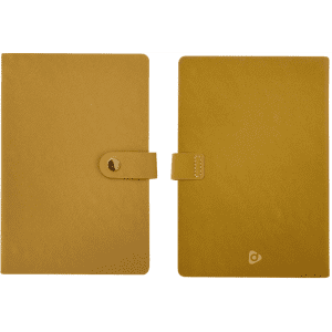 A prestige hardcover notebook gift set in a vibrant yellow colour, featuring a clasp closure and a logo.
