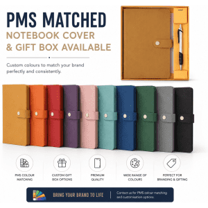 A gift set featuring a hardcover notebook and pen in various colours, presented in a customisable gift box with a logo.